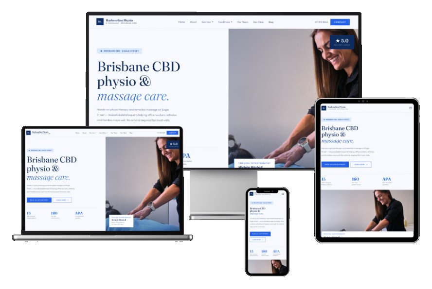 Harbourline Physio website across desktop, laptop, tablet, and mobile