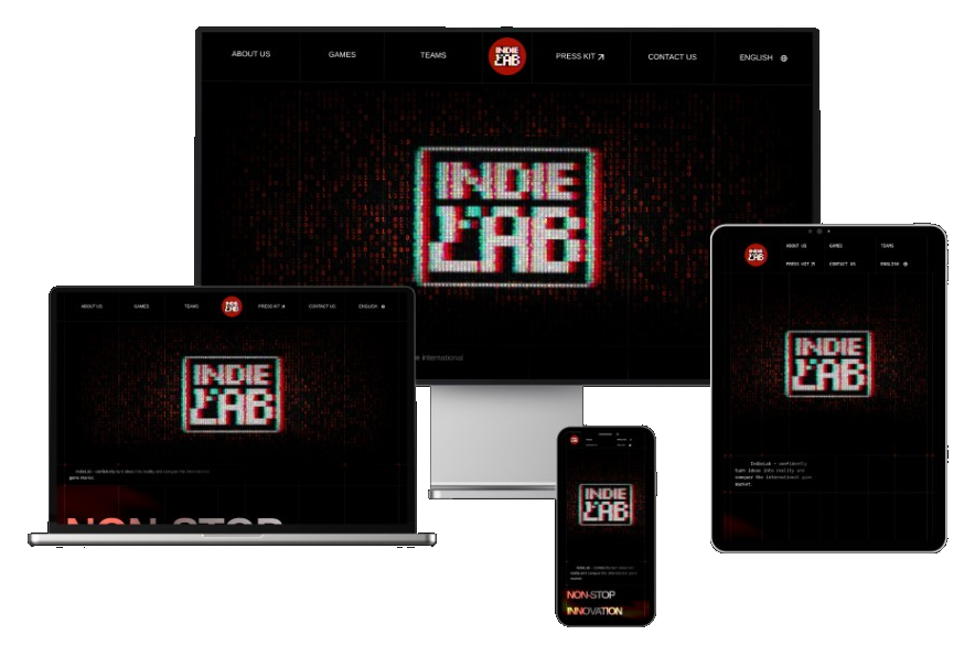 IndieLab website across desktop, laptop, tablet, and mobile