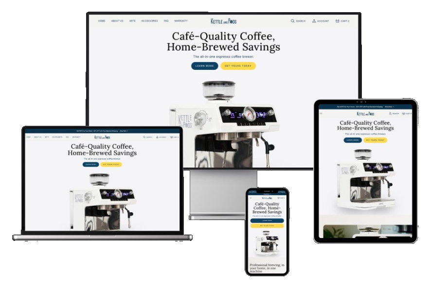 Kettle & Pods website across desktop, laptop, tablet, and mobile