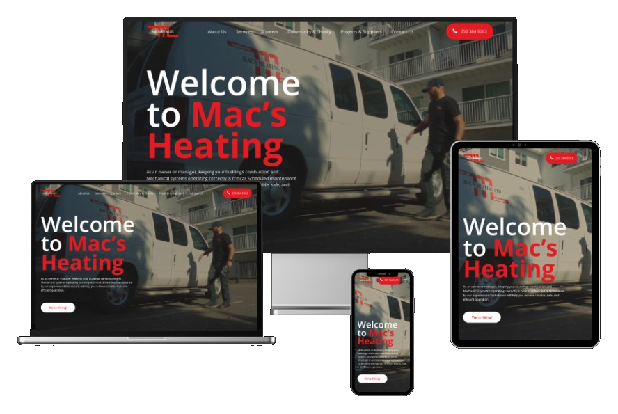 Mac's Heating website across desktop, laptop, tablet, and mobile