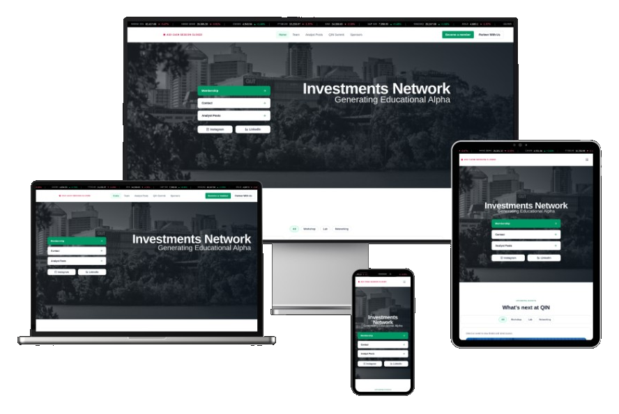 QUT Investments Network website across desktop, laptop, tablet, and mobile
