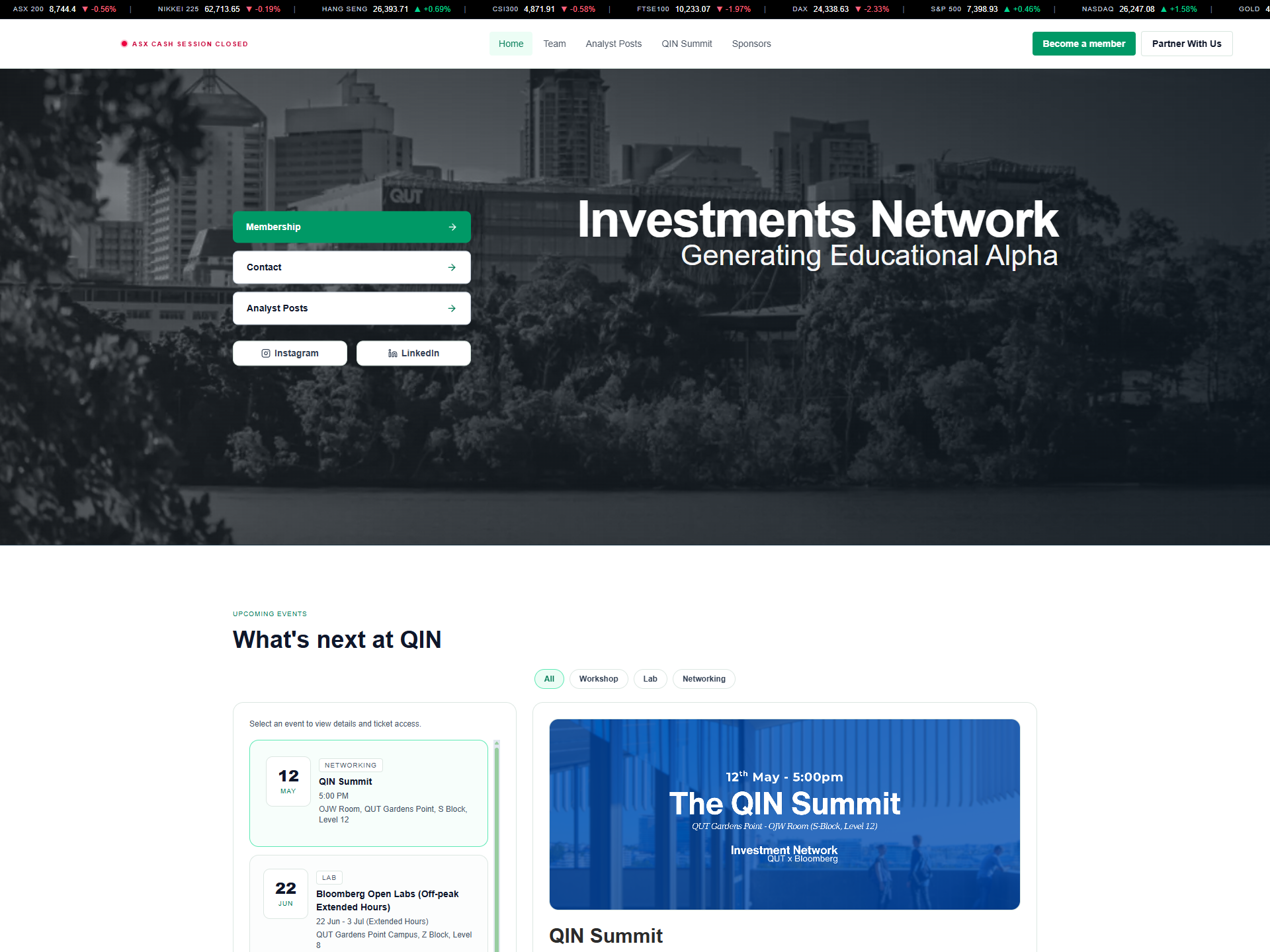 QUT Investments Network website preview - top of page