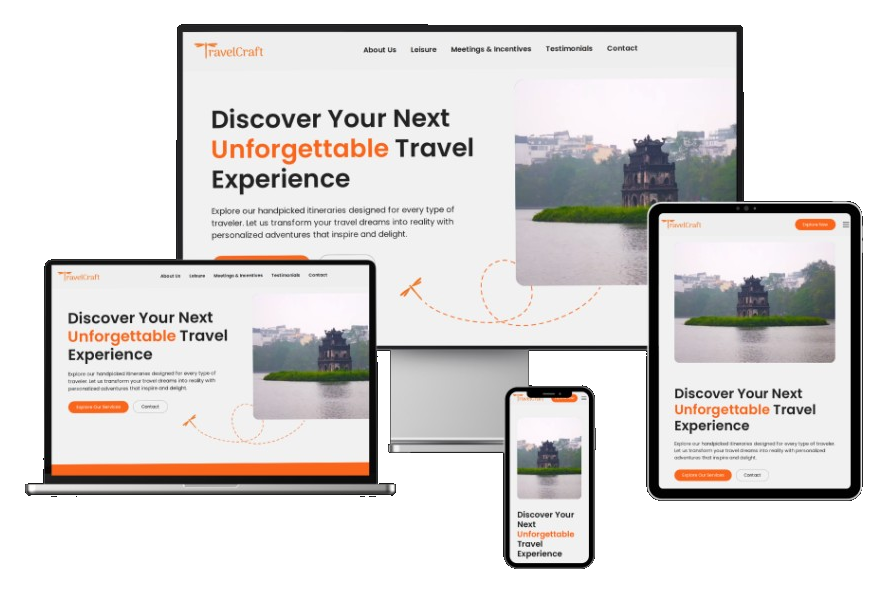 TravelCraft website across desktop, laptop, tablet, and mobile